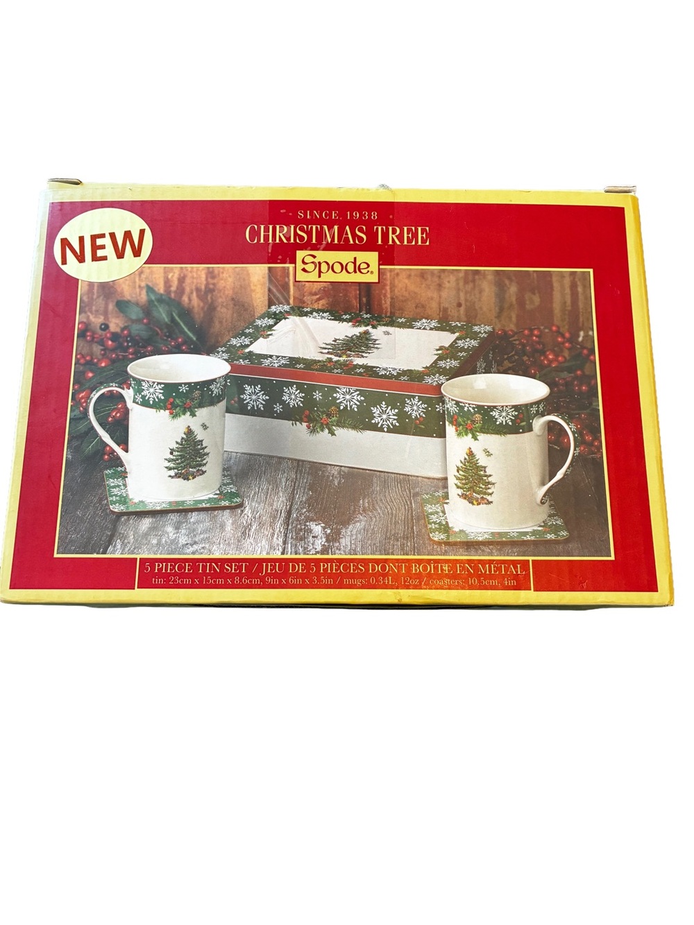 Vintage Spode Christmas Tree 5 Pc Mug Gift Set Tin Coasters - Picture 2 of 4